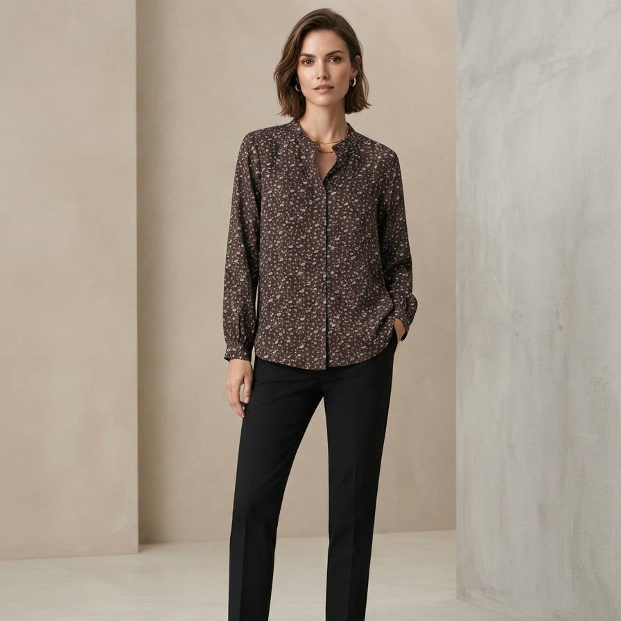 Women's Ditsy Floral Print Long Sleeve Cotton Blouse