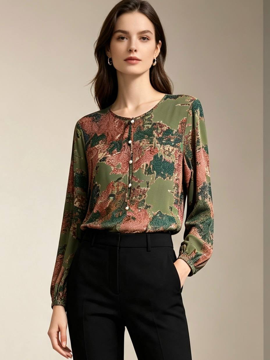 Women's Abstract Print Long Sleeve Cotton Blouse