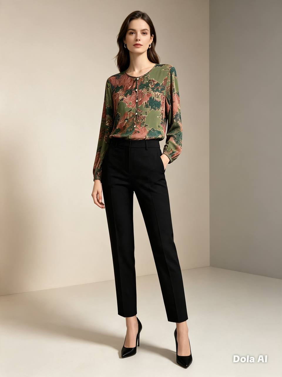 Women's Abstract Print Long Sleeve Cotton Blouse
