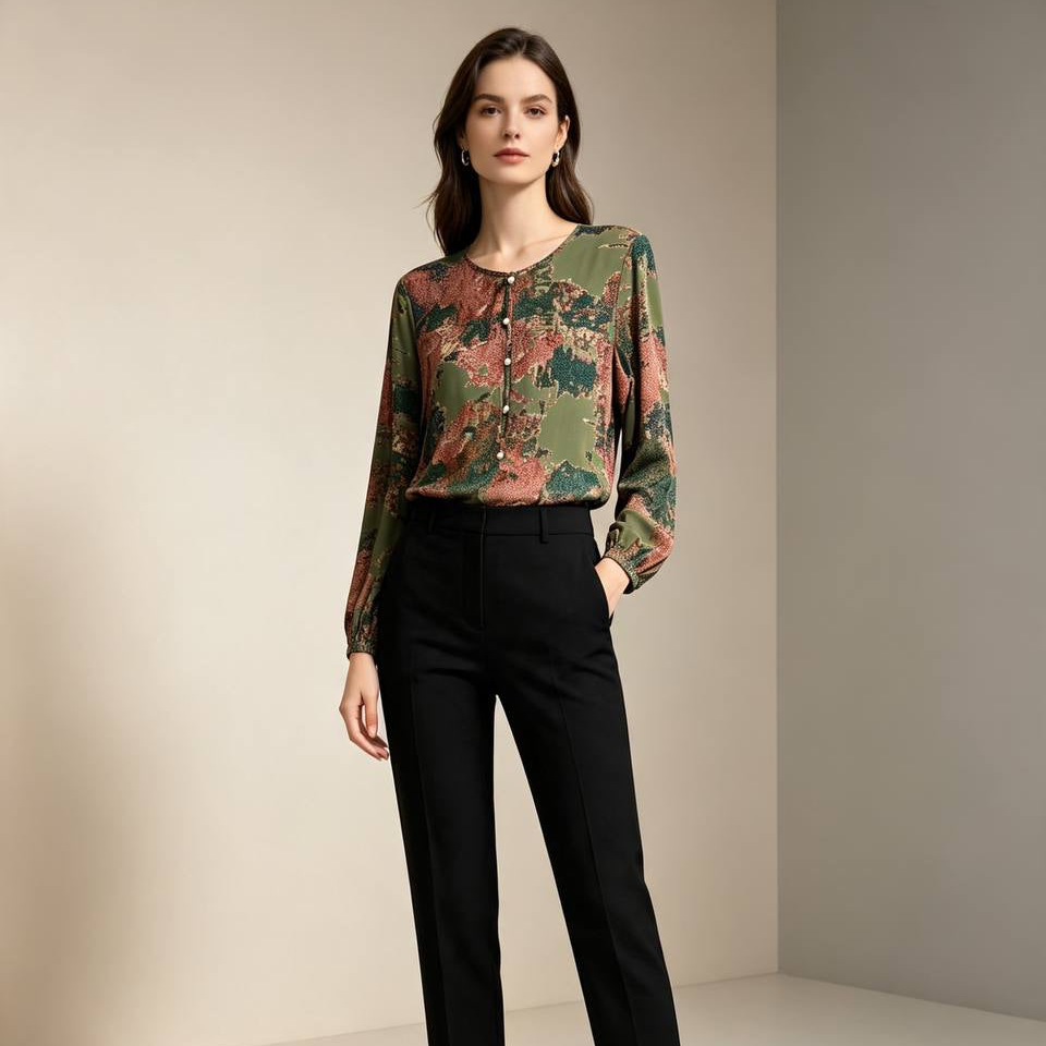 Women's Abstract Print Long Sleeve Cotton Blouse