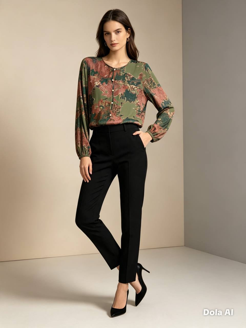 Women's Abstract Print Long Sleeve Cotton Blouse