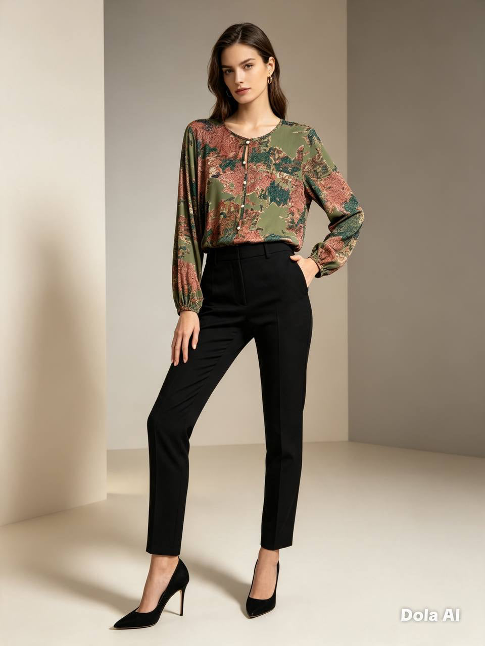 Women's Abstract Print Long Sleeve Cotton Blouse