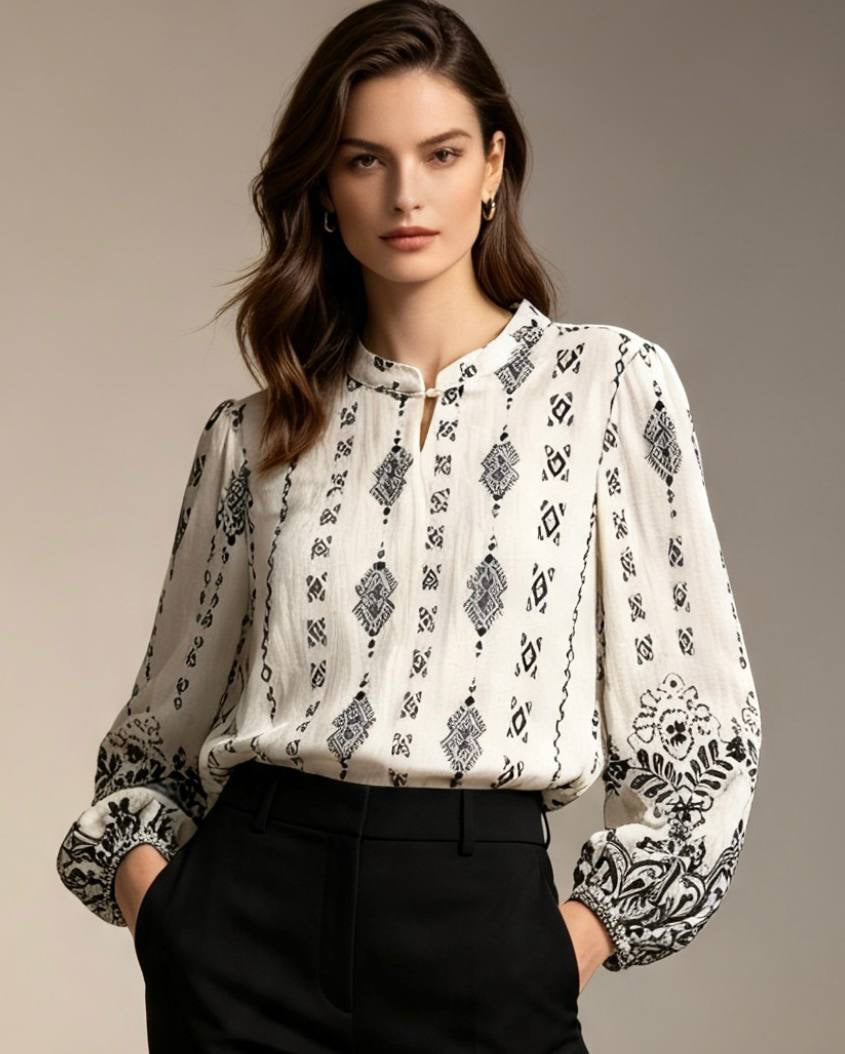 Women's Ethnic Print Long Sleeve Cotton Blouse