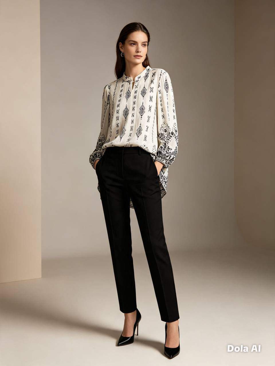 Women's Ethnic Print Long Sleeve Cotton Blouse