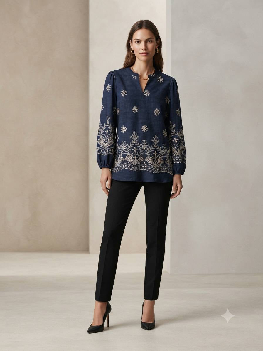 Women's Floral Embroidered Long Sleeve Cotton Blouse