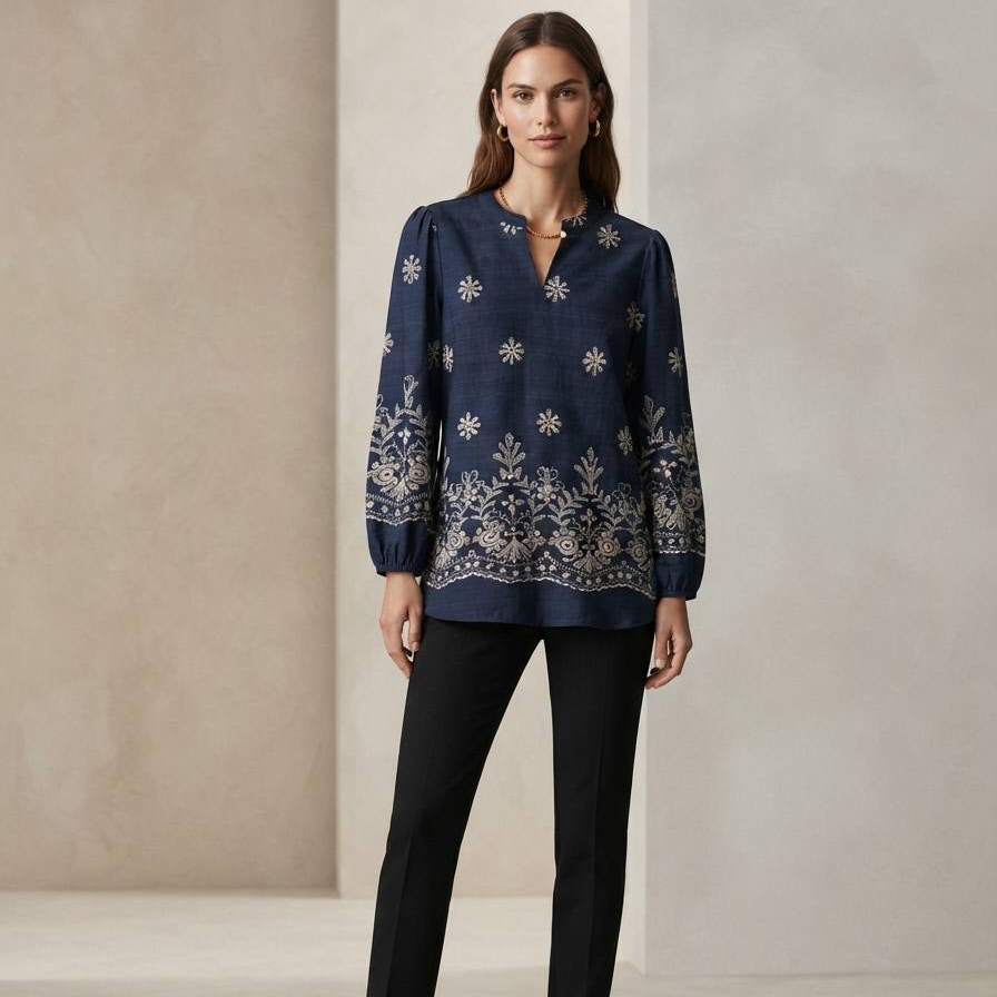 Women's Floral Embroidered Long Sleeve Cotton Blouse
