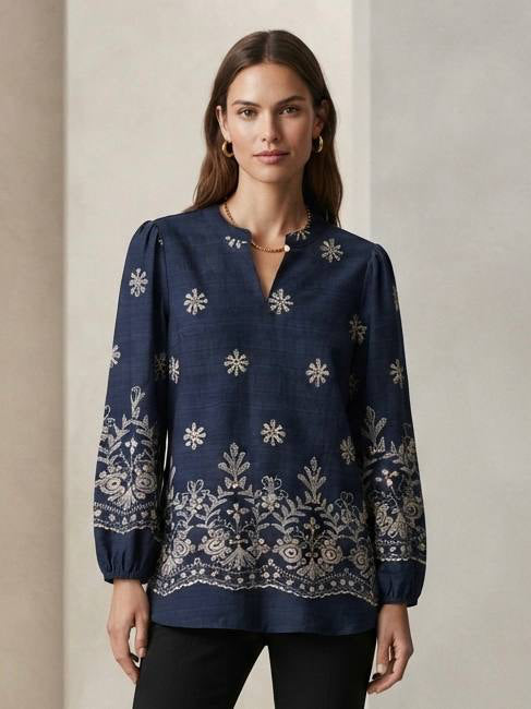 Women's Floral Embroidered Long Sleeve Cotton Blouse