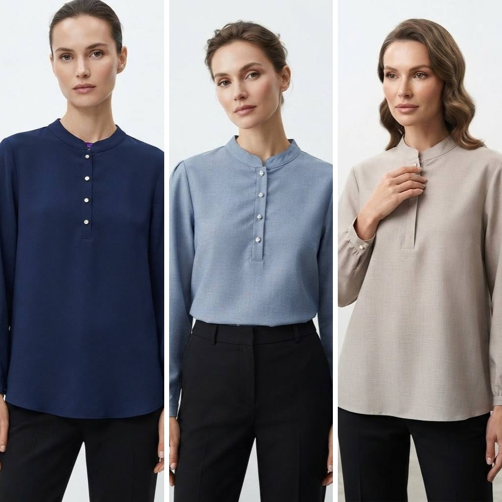 Ladies Minimalist Mandarin Collar Pearl-Button Muslimah Blouse