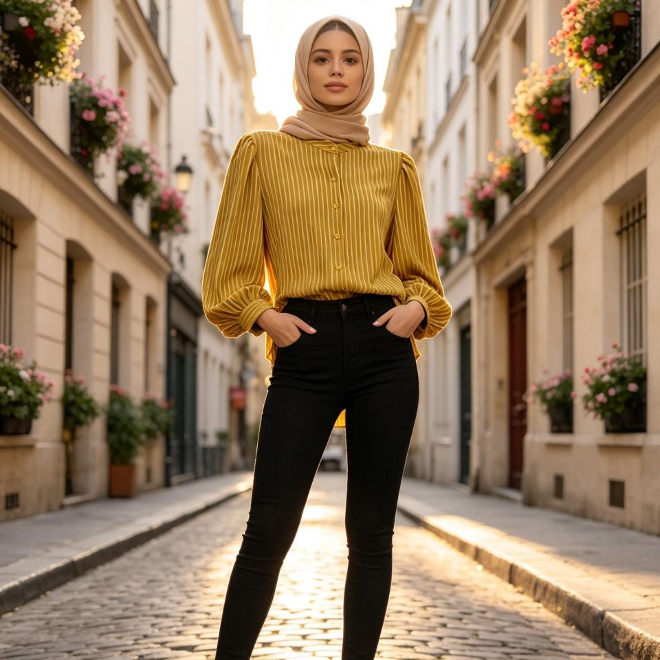 Amira Striped Puff-Sleeve Blouse
