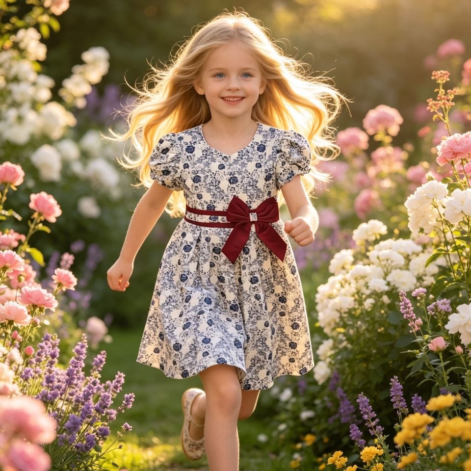 Vintage Porcelain Floral Dress with Velvet Bow