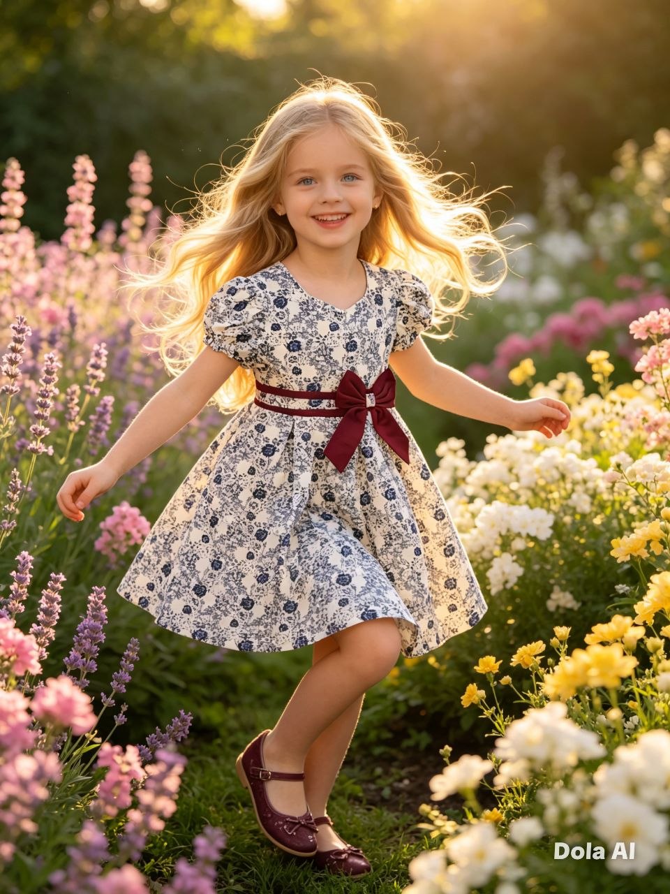 Vintage Porcelain Floral Dress with Velvet Bow