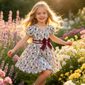 Vintage Porcelain Floral Dress with Velvet Bow