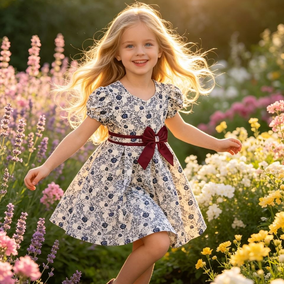 Vintage Porcelain Floral Dress with Velvet Bow