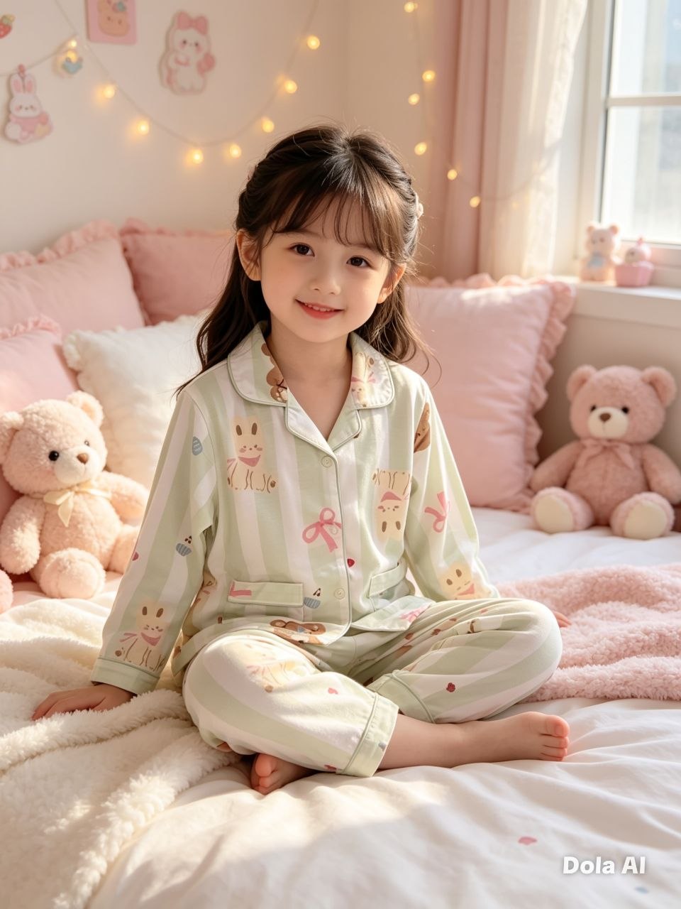 Sage & Pink Striped Bunny Pajama Set