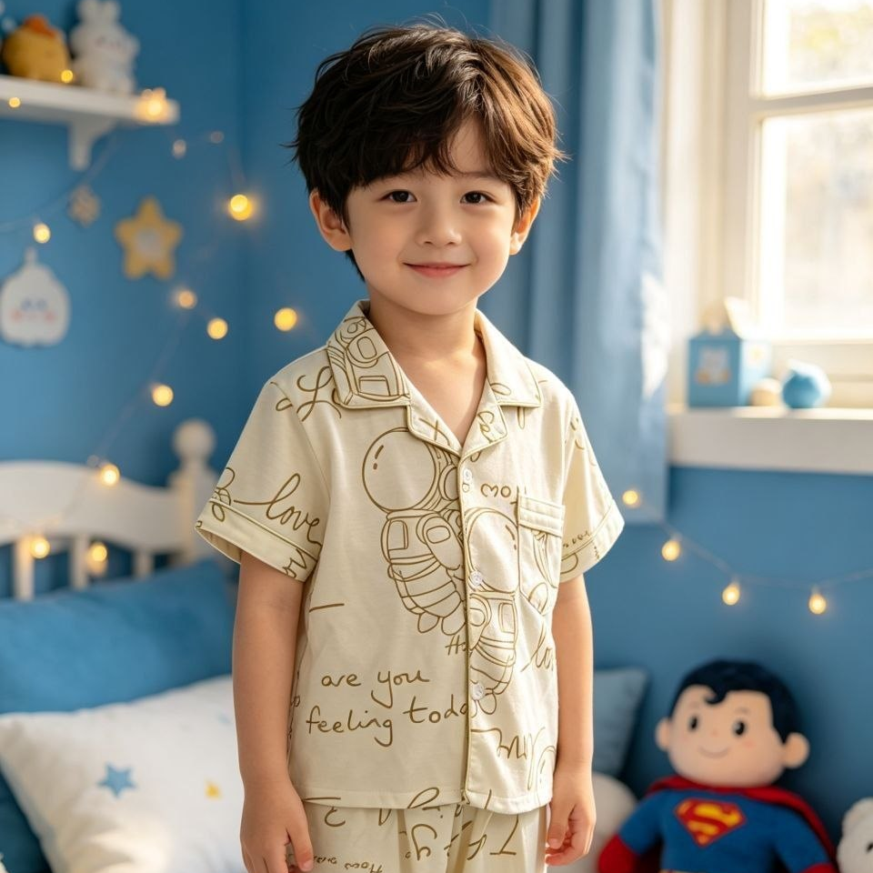 Cosmic Space Doodle Pajama Set (Blue / Beige)