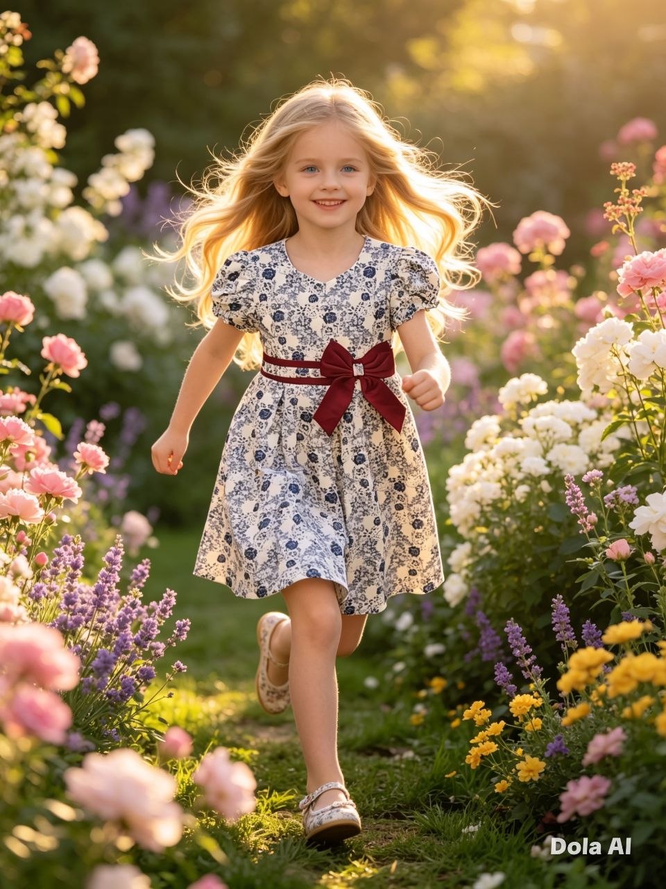 Vintage Porcelain Floral Dress with Velvet Bow