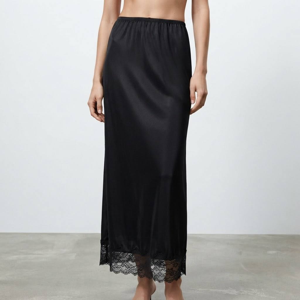 Women's Onyx Series Satin Lace Trim Long Slip