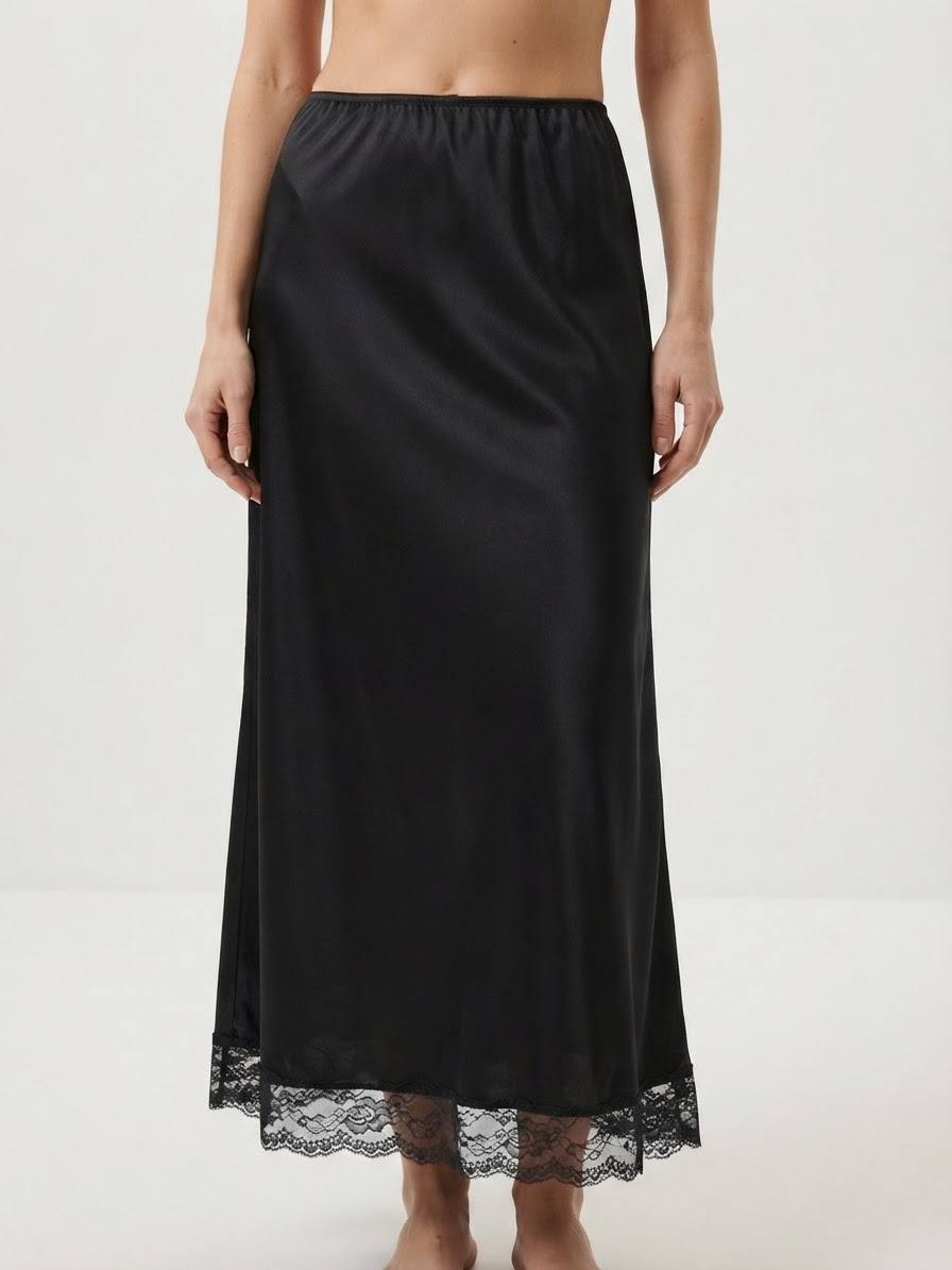 Women's Onyx Series Satin Lace Trim Long Slip