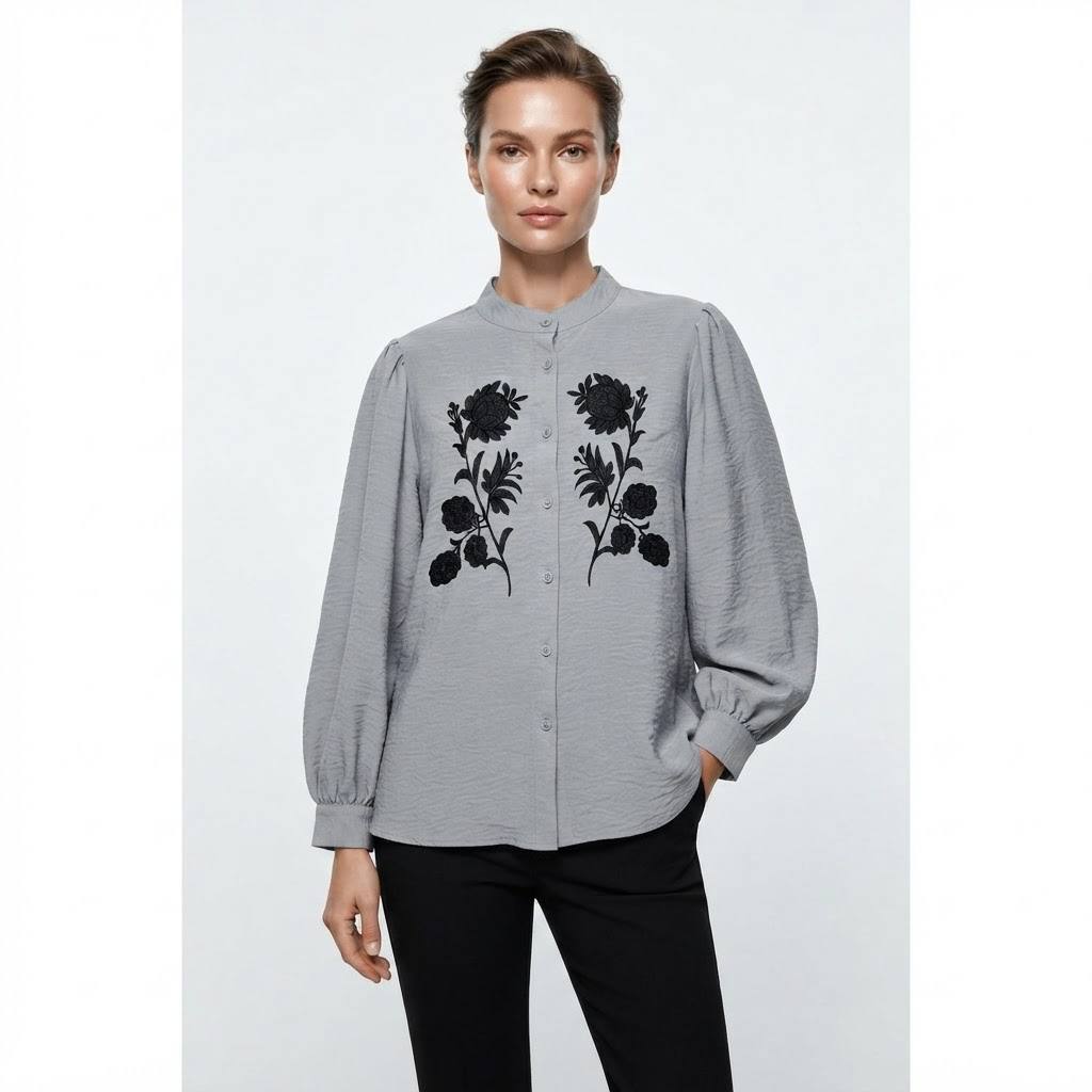 Women's Camellia Series Black Floral Embroidered Blouse