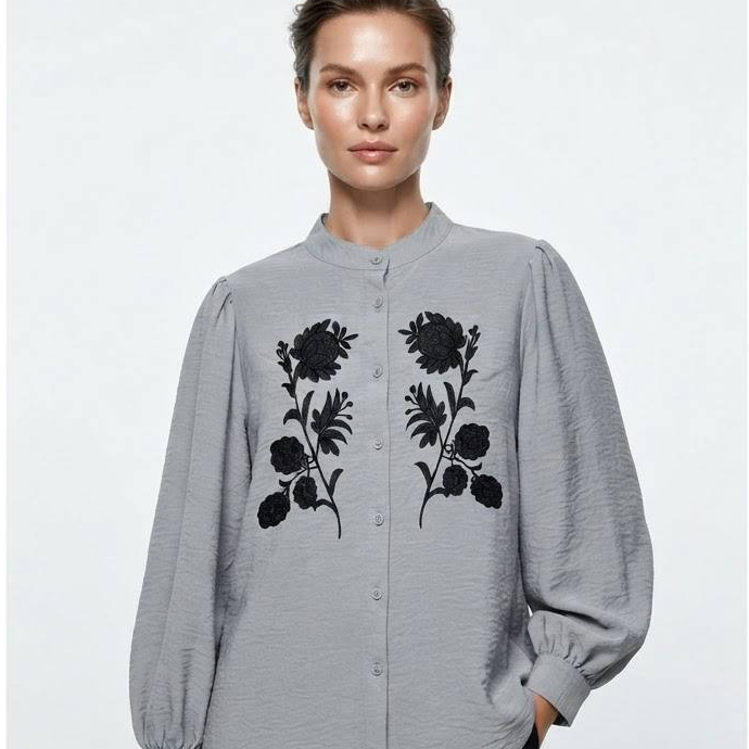 Women's Camellia Series Black Floral Embroidered Blouse