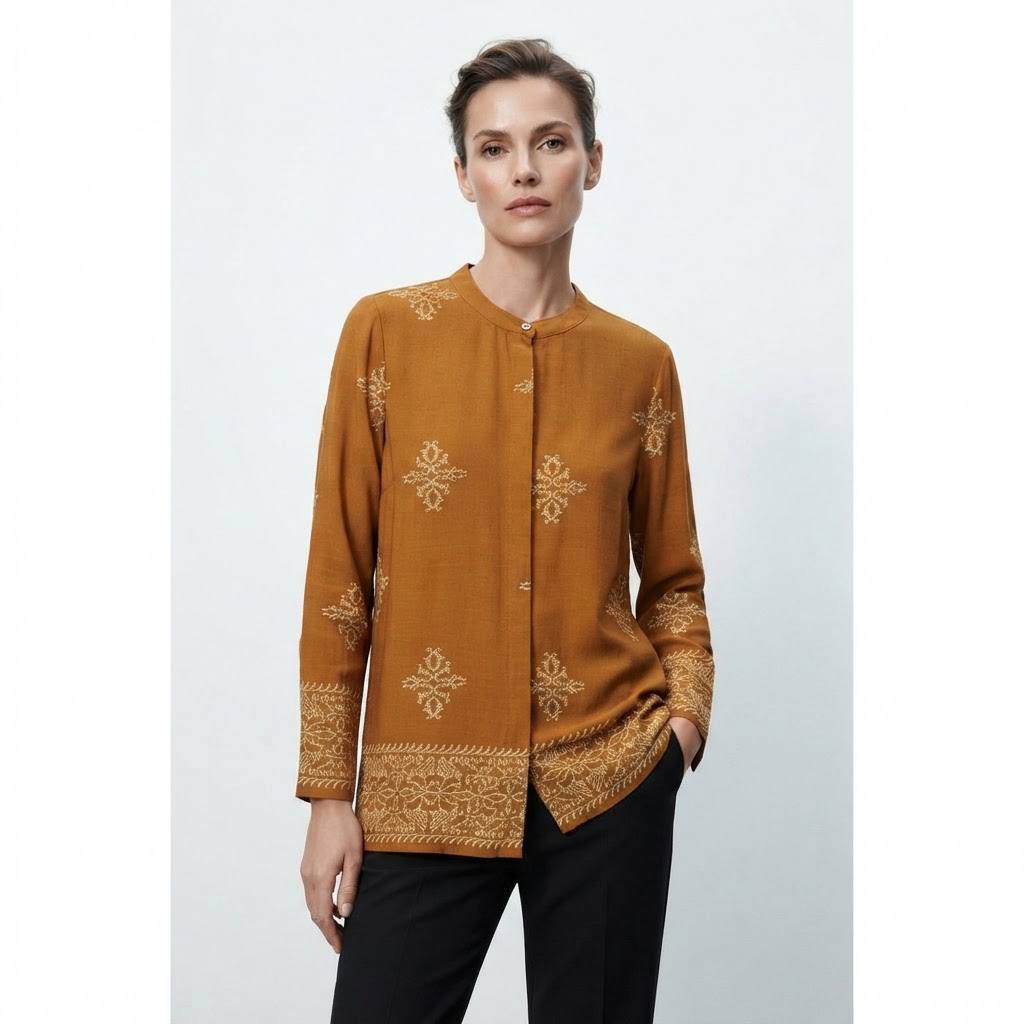 Women's Amber Series Mustard Ethnic Printed Long Sleeve Blouse
