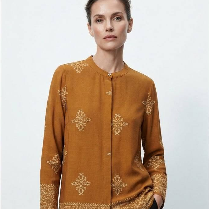 Women's Amber Series Mustard Ethnic Printed Long Sleeve Blouse