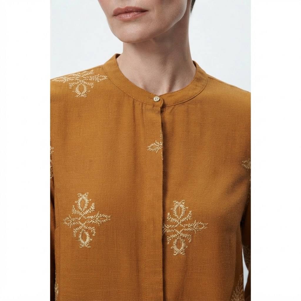 Women's Amber Series Mustard Ethnic Printed Long Sleeve Blouse