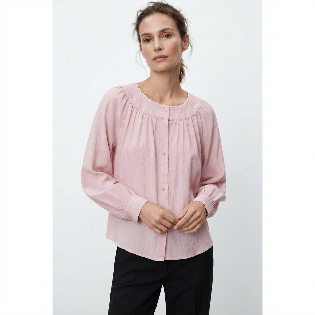 Women's Blossom Series Lace Trim Gathered Neck Long Sleeve Blouse