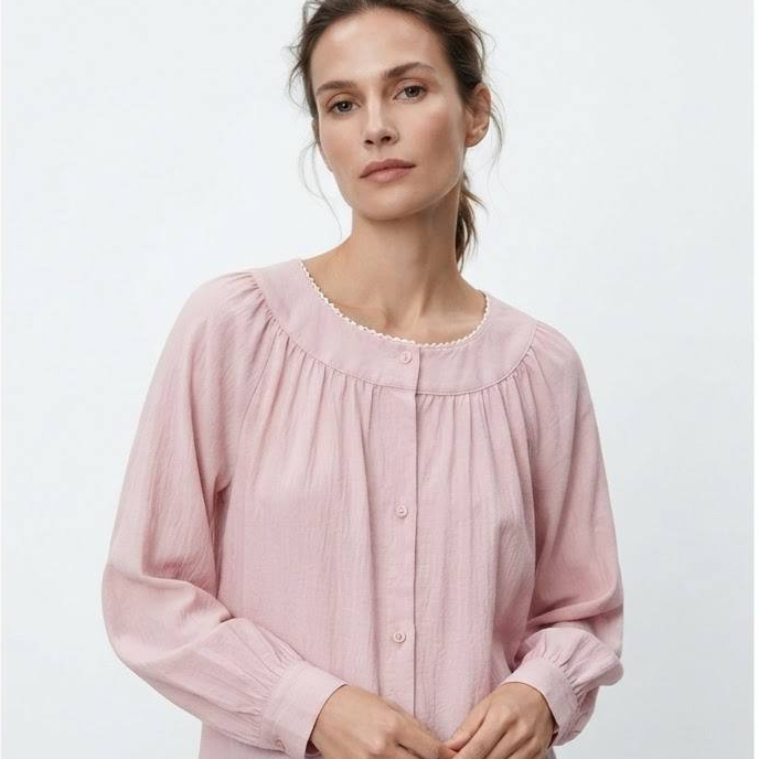 Women's Blossom Series Lace Trim Gathered Neck Long Sleeve Blouse