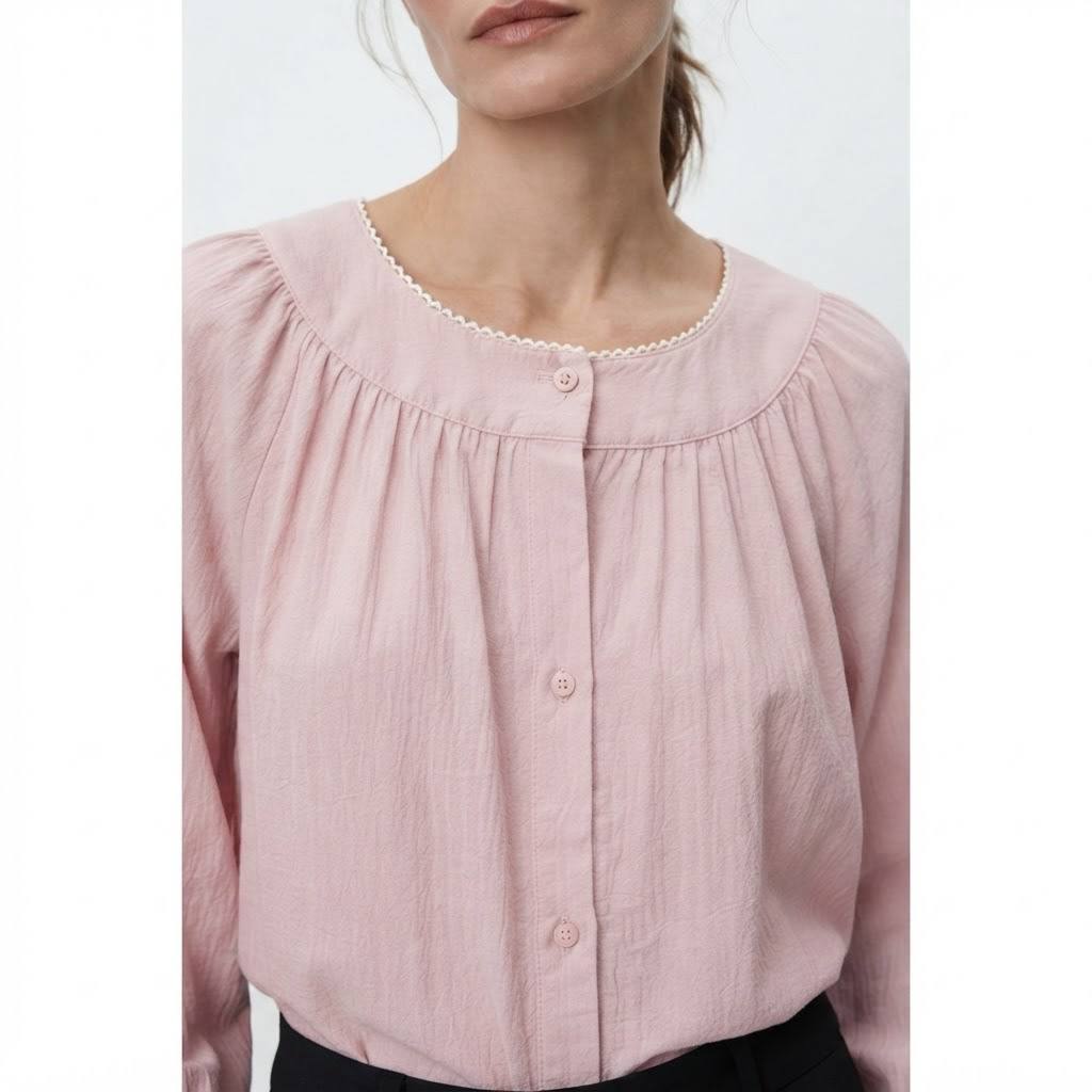 Women's Blossom Series Lace Trim Gathered Neck Long Sleeve Blouse