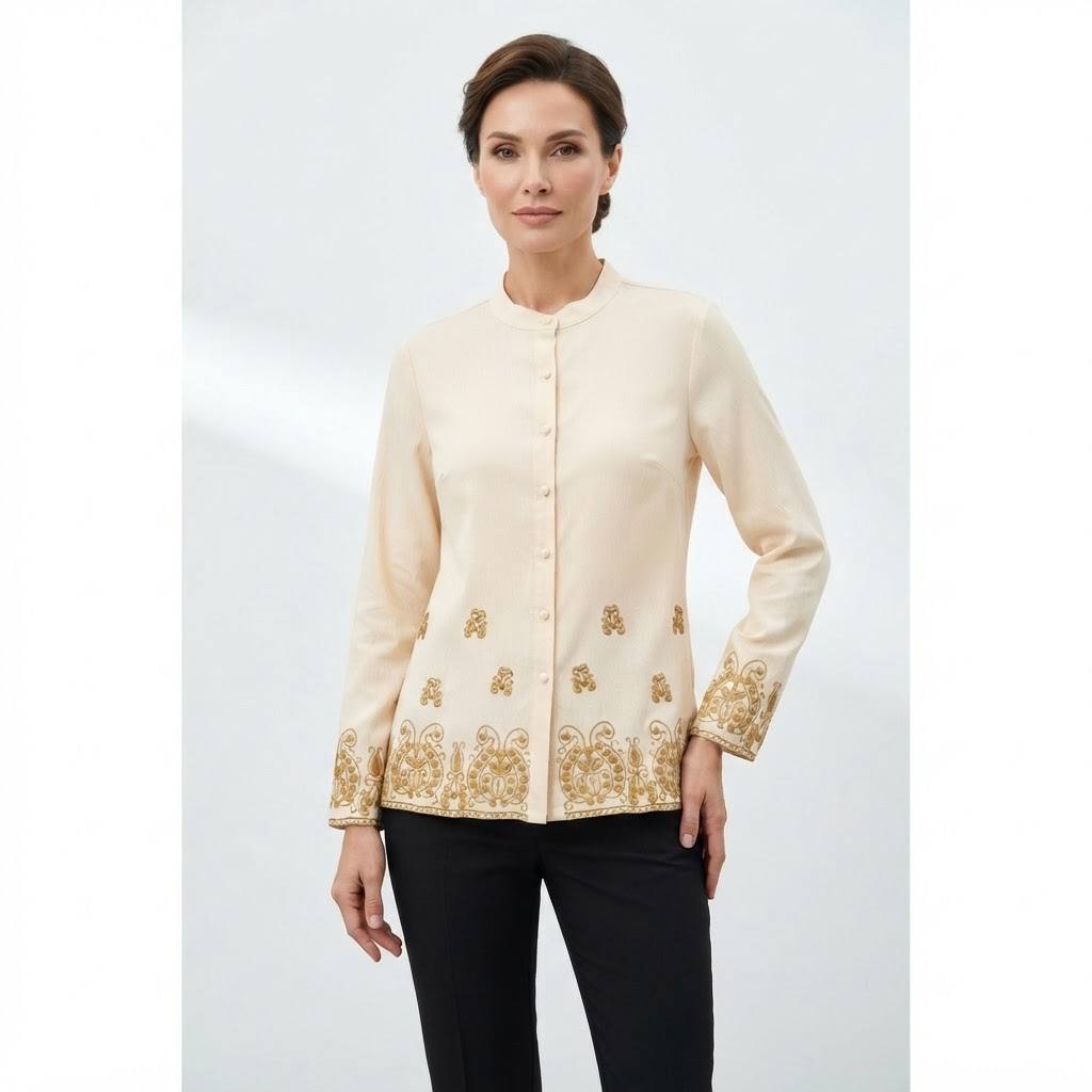 Women's Aurelia Series Gold Embroidered Border Long Sleeve Blouse