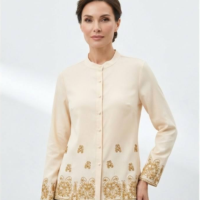 Women's Aurelia Series Gold Embroidered Border Long Sleeve Blouse