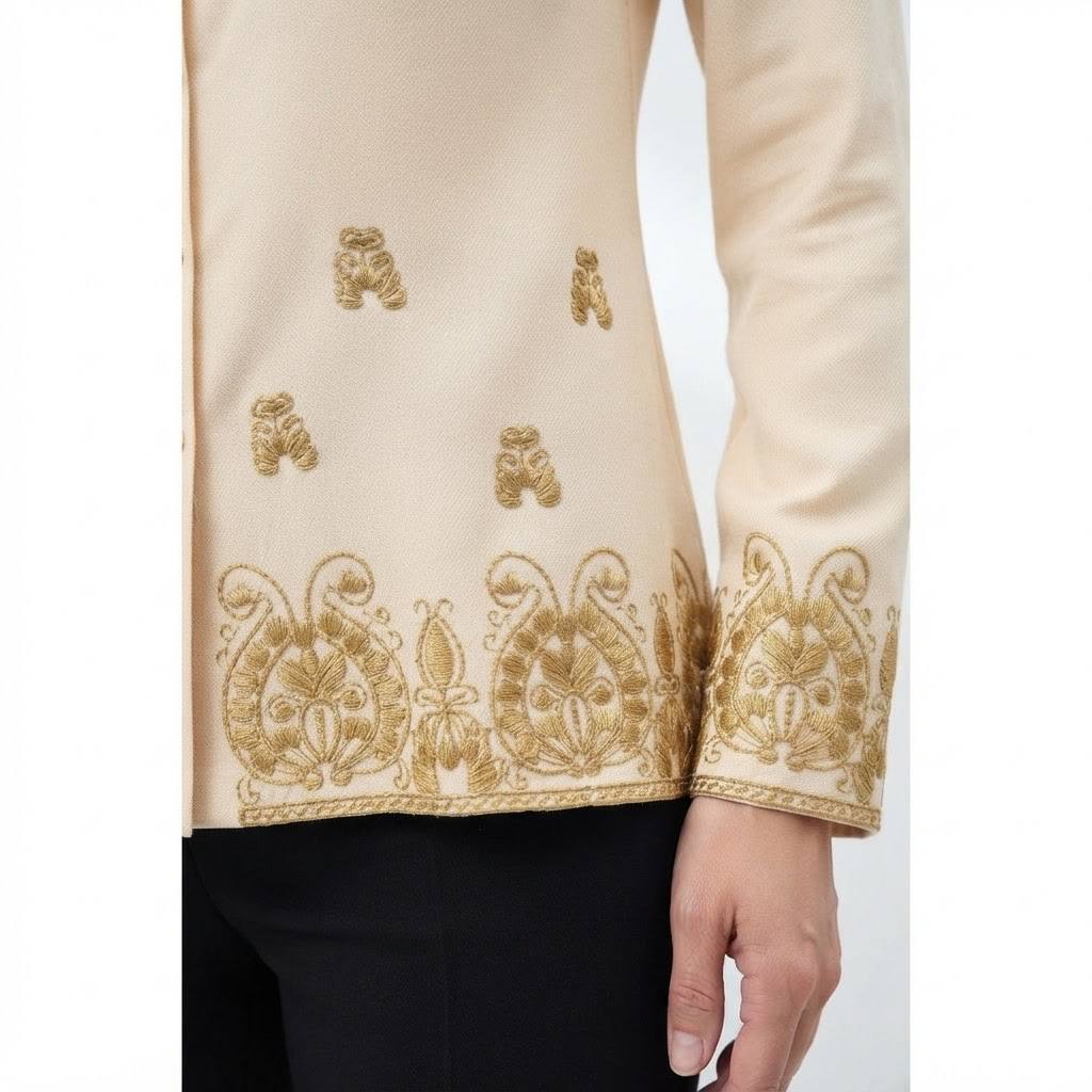 Women's Aurelia Series Gold Embroidered Border Long Sleeve Blouse
