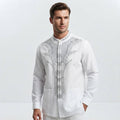 Rayyan Series Men's White Gold Embroidered Takwa Shirt Long Sleeve Kurta – Premium Linen Blend Baju Takwa