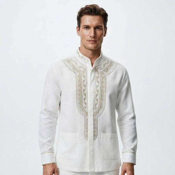 Rayyan Series Men's White Gold Embroidered Takwa Shirt Long Sleeve Kurta – Premium Cotton Linen Baju Takwa