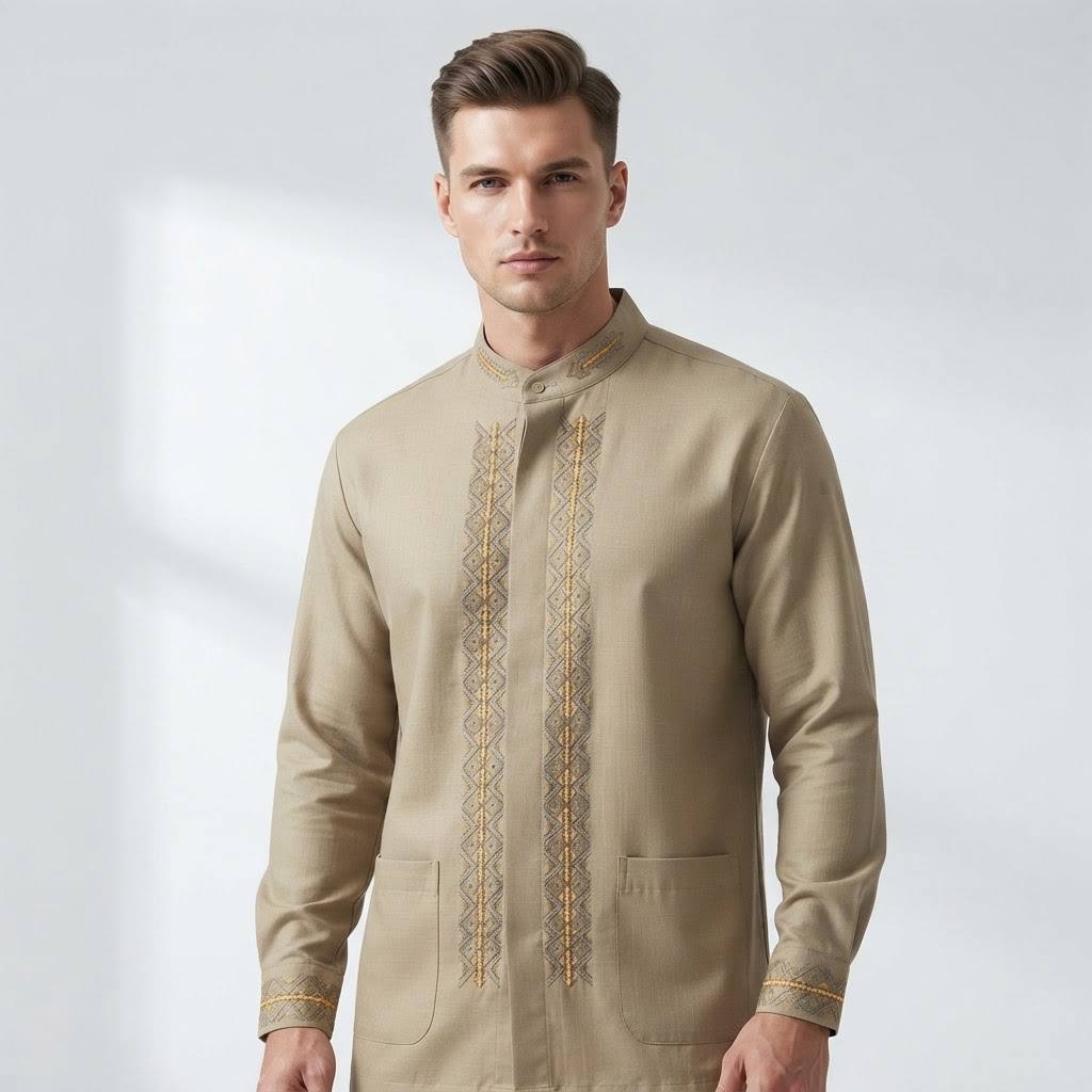 Men's Rayyan Series White Gold Embroidered Long Sleeve Takwa Shirt