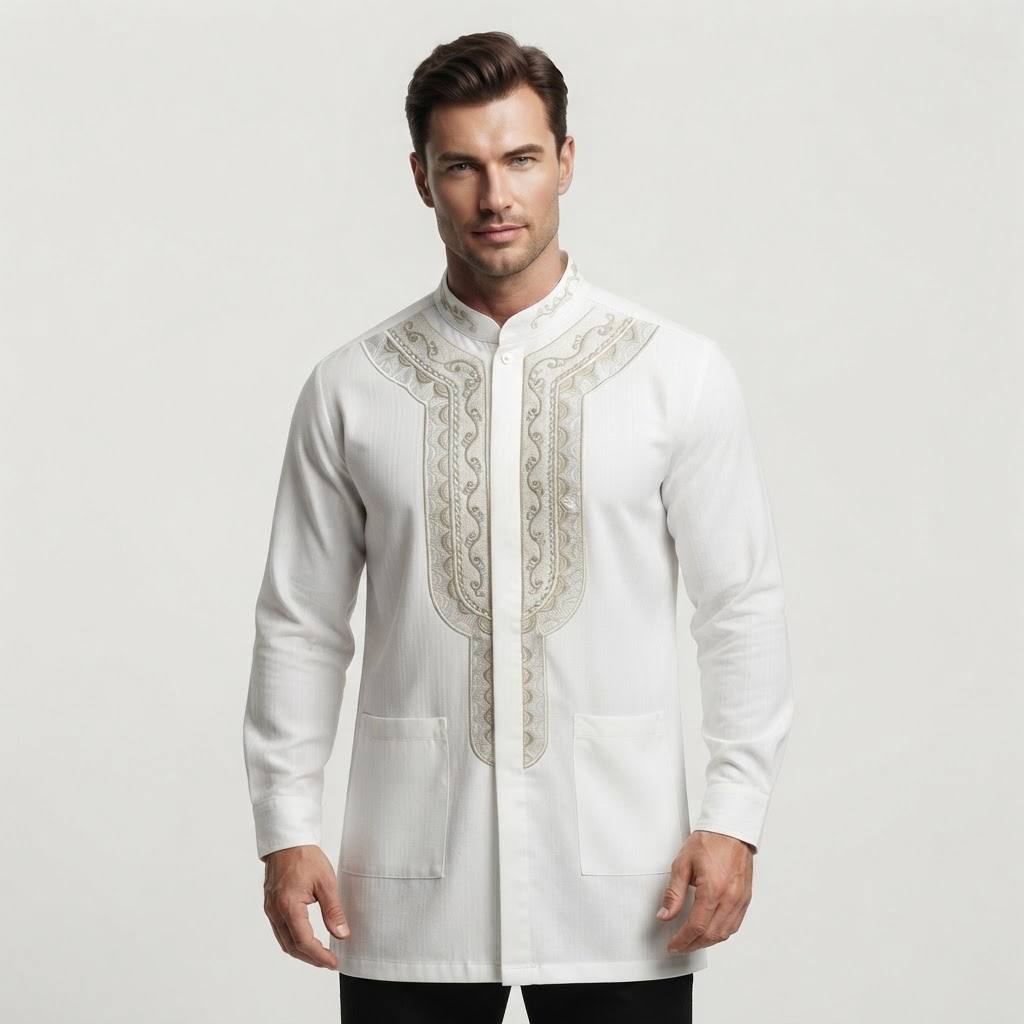 Rayyan Series Men's White Gold Embroidered Takwa Shirt Long Sleeve Kurta – Premium Cotton Linen Baju Takwa
