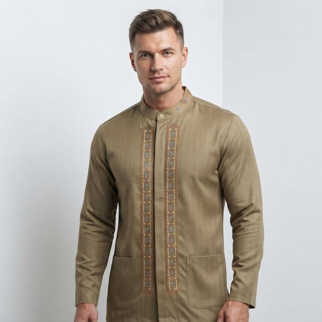 Men's Rayyan Series White Gold Embroidered Long Sleeve Takwa Shirt