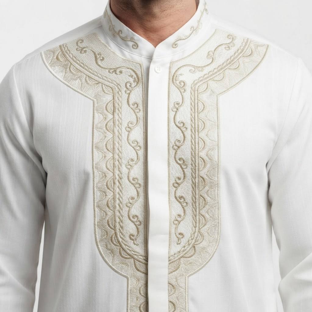 Rayyan Series Men's White Gold Embroidered Takwa Shirt Long Sleeve Kurta – Premium Cotton Linen Baju Takwa