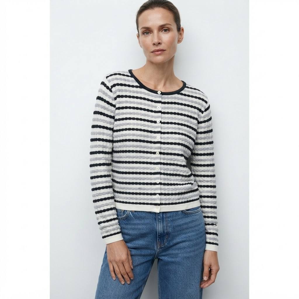 Women's Astrid Series Monochrome Textured Stripe Button-Front Knit Cardigan