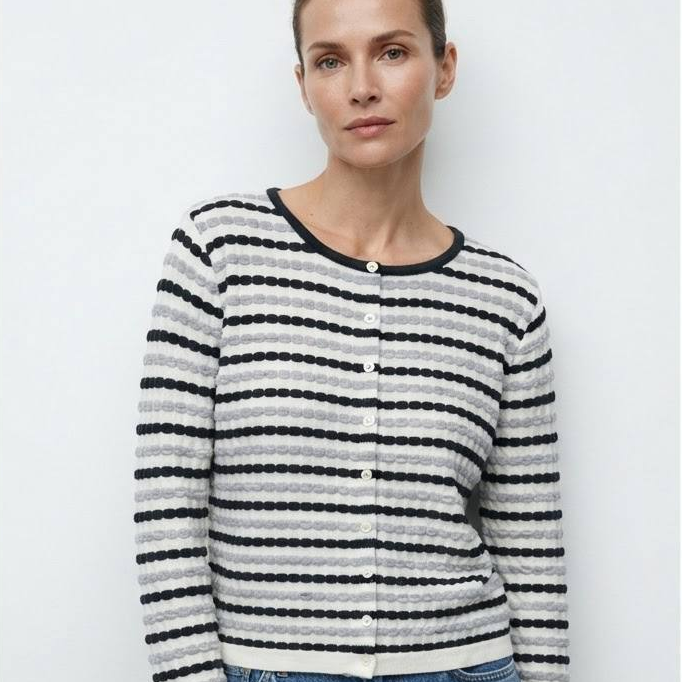 Women's Astrid Series Monochrome Textured Stripe Button-Front Knit Cardigan