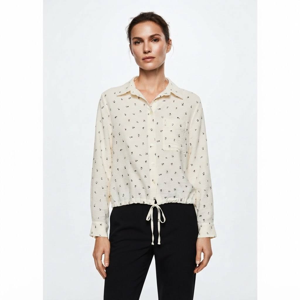 Women's Aveline Series Cream Ditsy Floral Drawstring Waist Collared Long Sleeve Blouse