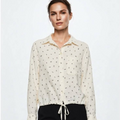 Women's Aveline Series Cream Ditsy Floral Drawstring Waist Collared Long Sleeve Blouse