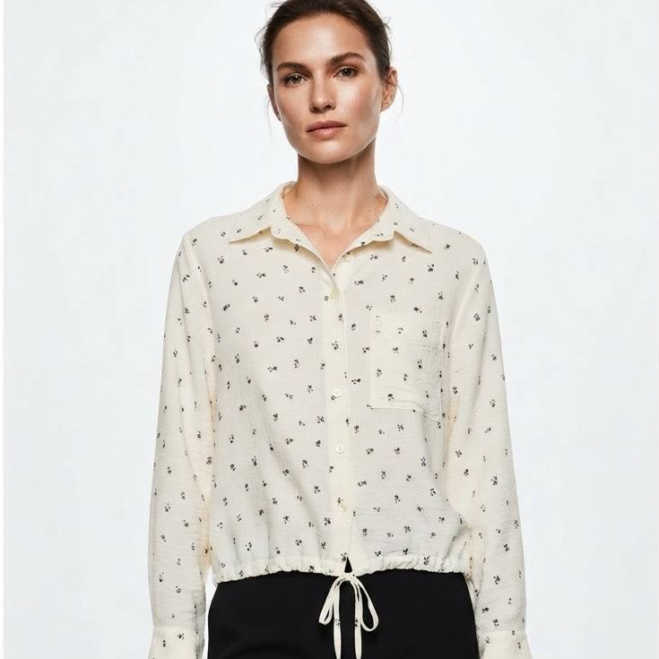 Women's Aveline Series Cream Ditsy Floral Drawstring Waist Collared Long Sleeve Blouse