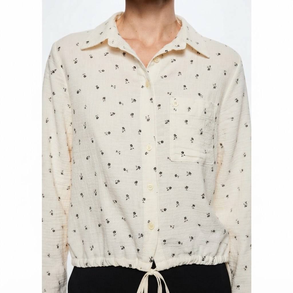 Women's Aveline Series Cream Ditsy Floral Drawstring Waist Collared Long Sleeve Blouse