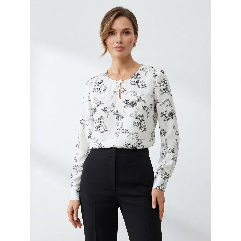 Women's Bianca Series Monochrome Floral Sketch Keyhole Neck Long Sleeve Blouse