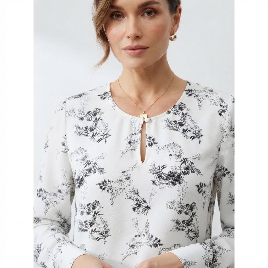 Women's Bianca Series Monochrome Floral Sketch Keyhole Neck Long Sleeve Blouse