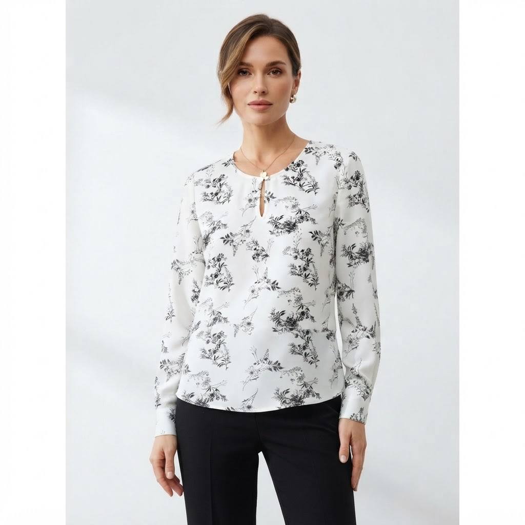 Women's Bianca Series Monochrome Floral Sketch Keyhole Neck Long Sleeve Blouse