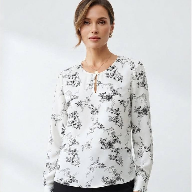 Women's Bianca Series Monochrome Floral Sketch Keyhole Neck Long Sleeve Blouse