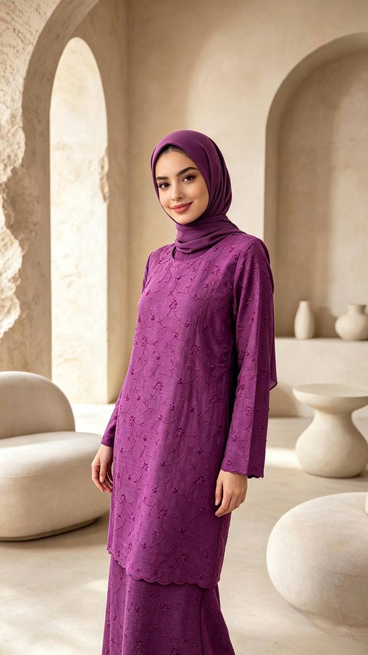 Women's Marissa Series Maroon Embroidered Scalloped Hem Modern Baju Kurung